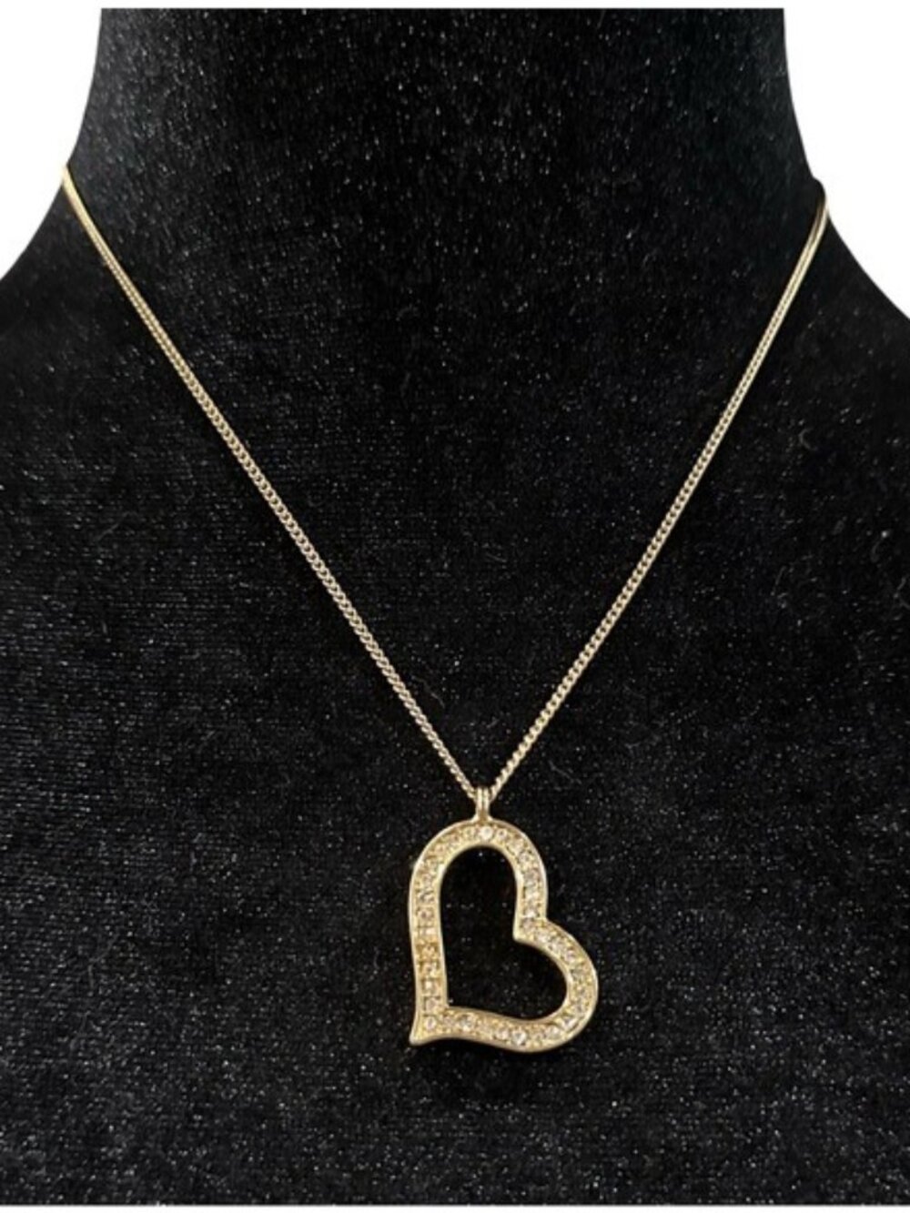 Heart Pendant Necklace Gold Tone Rhinestone Inlay Adjustable Length Womens